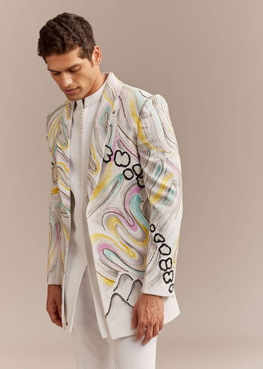 White Indo Western Set For Men With Hand Painted Work