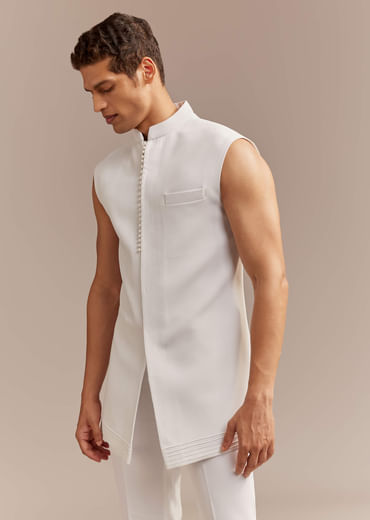 White Indo Western Set For Men With Hand Painted Work