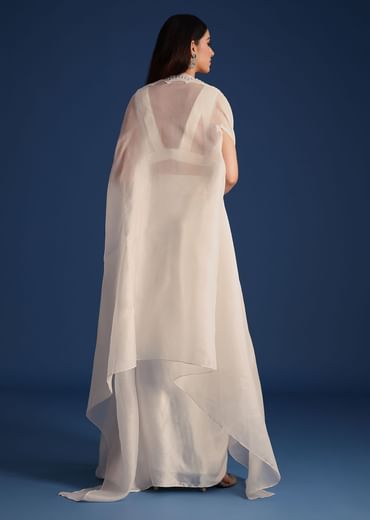 White Jacket With Embellished Blouse And Draped Skirt