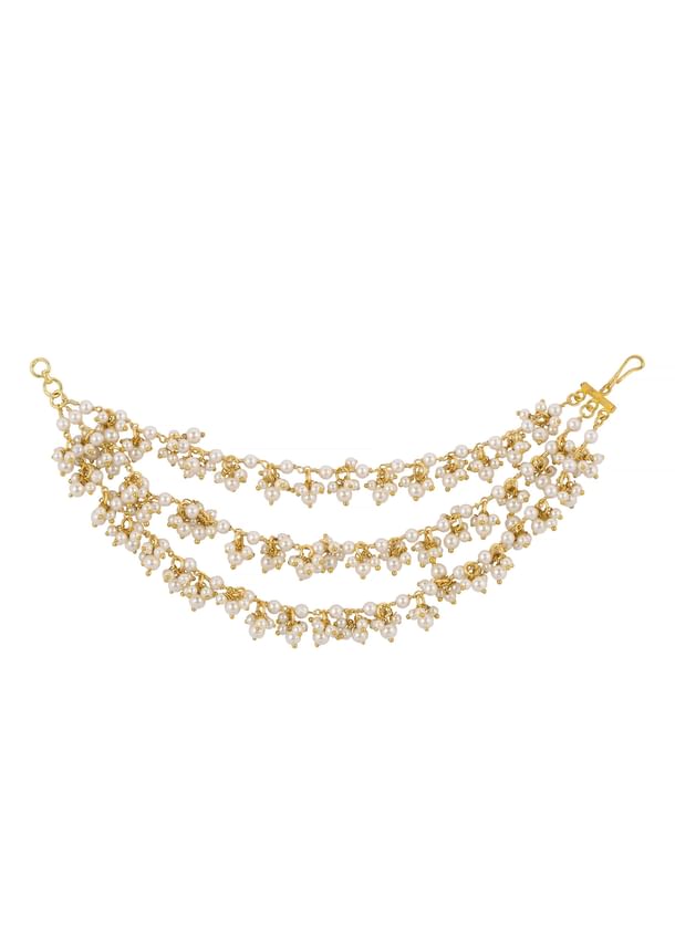 White Kundan Ear Chain With Pearl Drops In Mix Metal