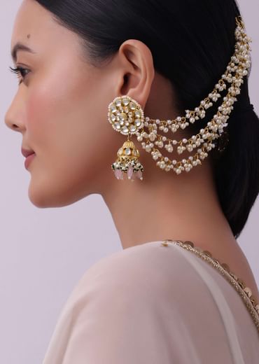 White Kundan Ear Chain With Pearl Drops In Mix Metal