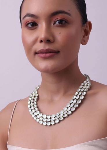 White Layered Polki Necklace Set With Matching Danglers