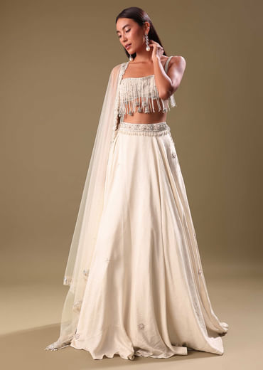 White Lehenga With Embroidered Blouse And Dupatta