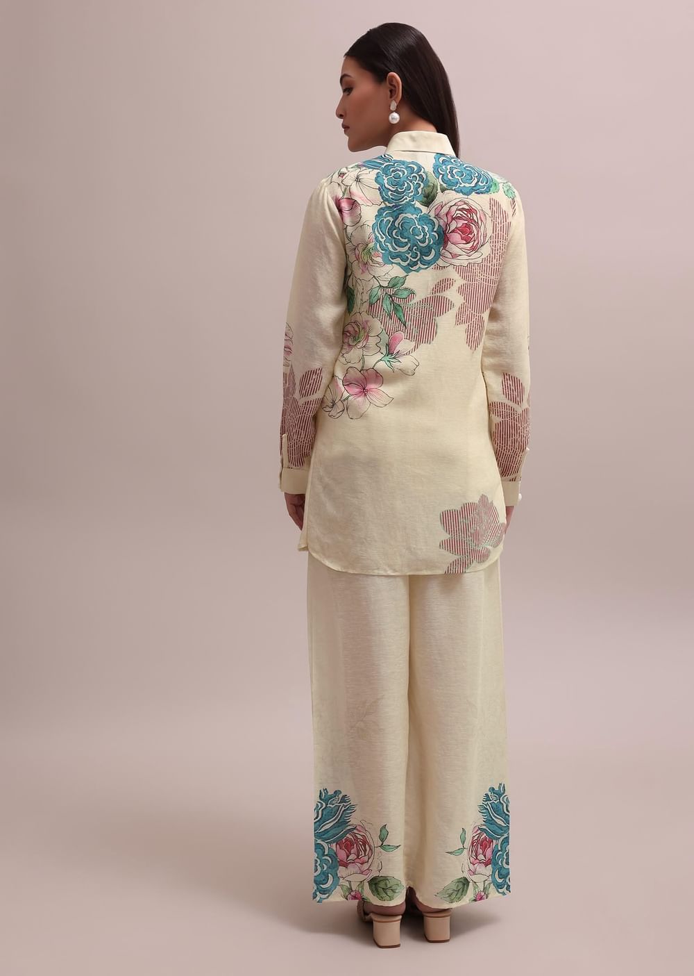 White Linen Floral Stripe Printed Sequin Worked Co-ord Set For Summer