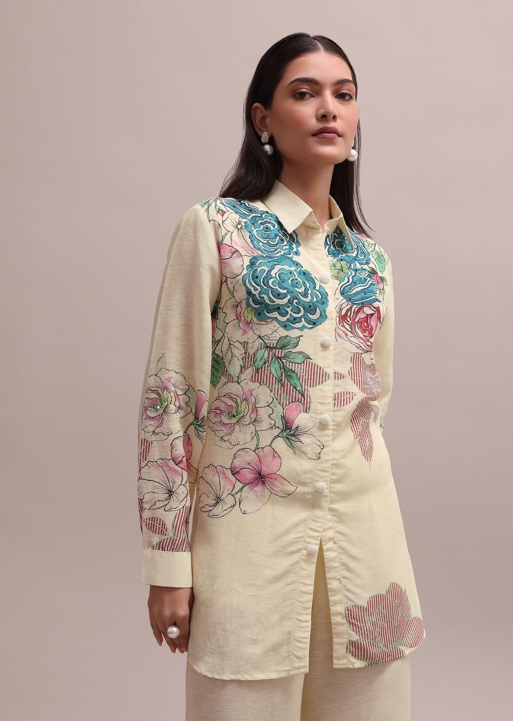 White Linen Floral Stripe Printed Sequin Worked Co-ord Set For Summer