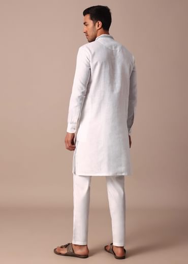 White Linen Kurta With Thread Detail Yoke
