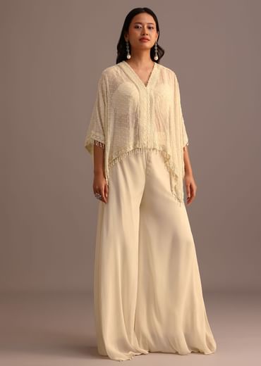 White Moti Work Croptop Palazzo Set With Cape