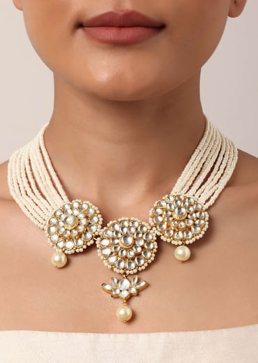 White Necklace Set With Floral Motif Pendants