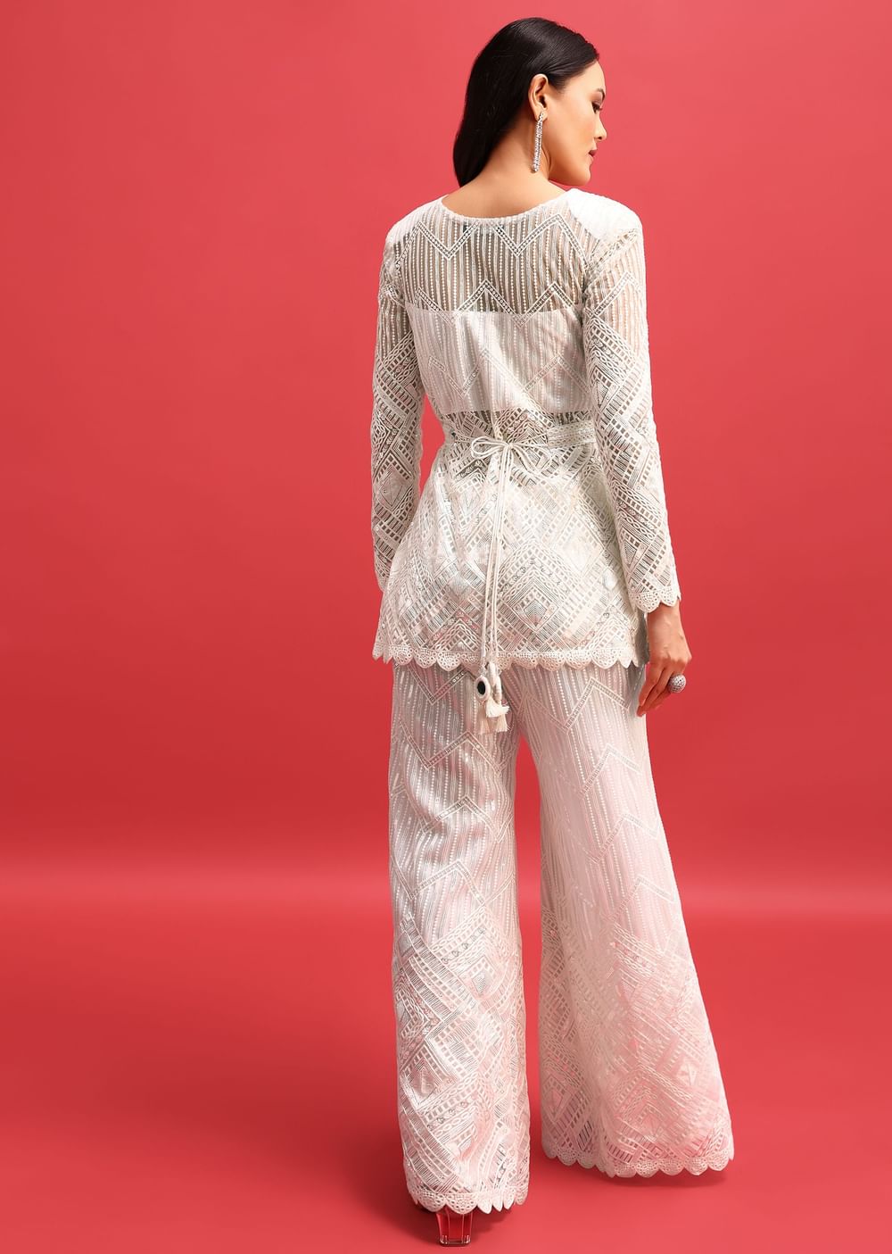 White Net Kurta Palazzo Set In Sequin Work