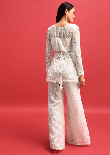 White Net Kurta Palazzo Set In Sequin Work