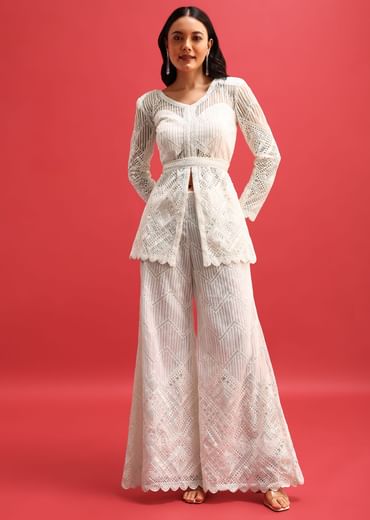 White Net Kurta Palazzo Set In Sequin Work