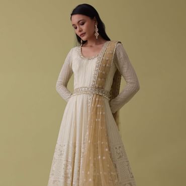 White Ombre Georgette Anarkali Suit Set With Lucknowi Embroidery