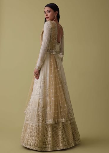 White Ombre Georgette Anarkali Suit Set With Lucknowi Embroidery