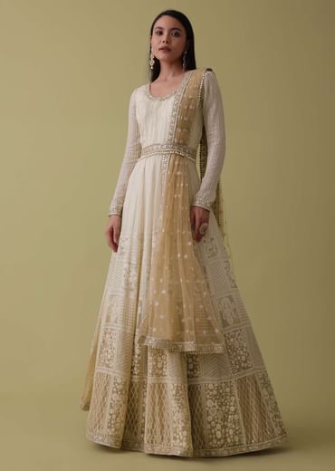 White Ombre Georgette Anarkali Suit Set With Lucknowi Embroidery
