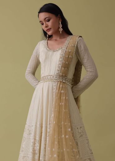 White Ombre Georgette Anarkali Suit Set With Lucknowi Embroidery