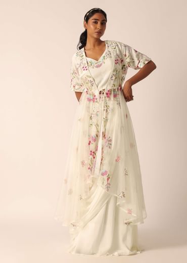 White Organza Jacket And Silk Lehenga Set With Embroidered Detail