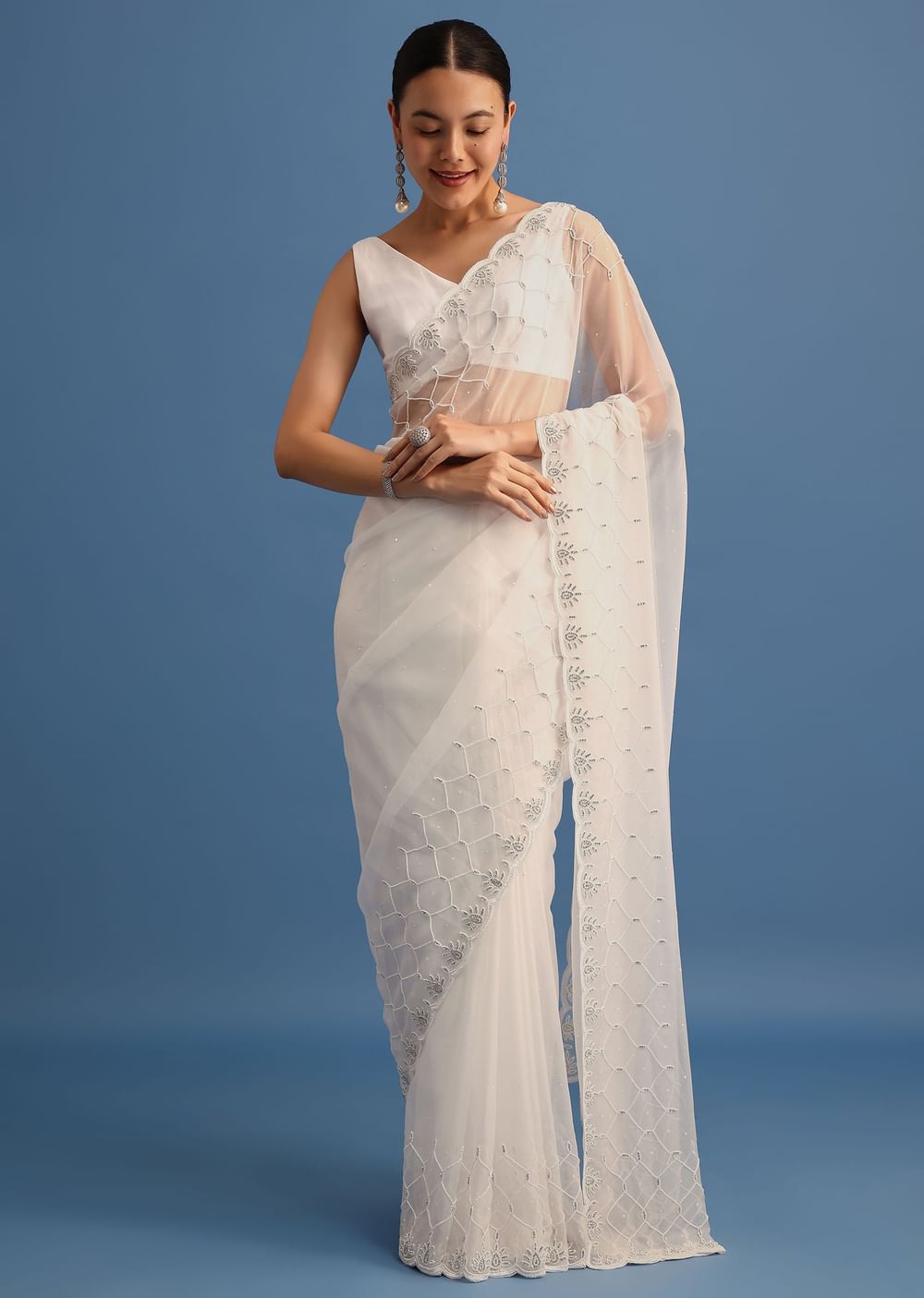 White Organza Saree With Beads And Stone Scallop Border And Unstitched Blouse