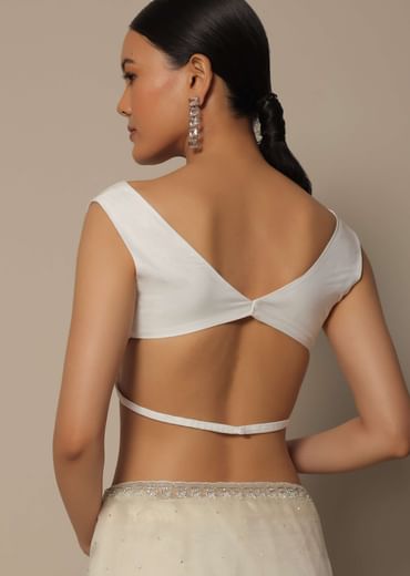 White Organza Saree With Scallop Cutdana Border And Unstitched Blouse Piece