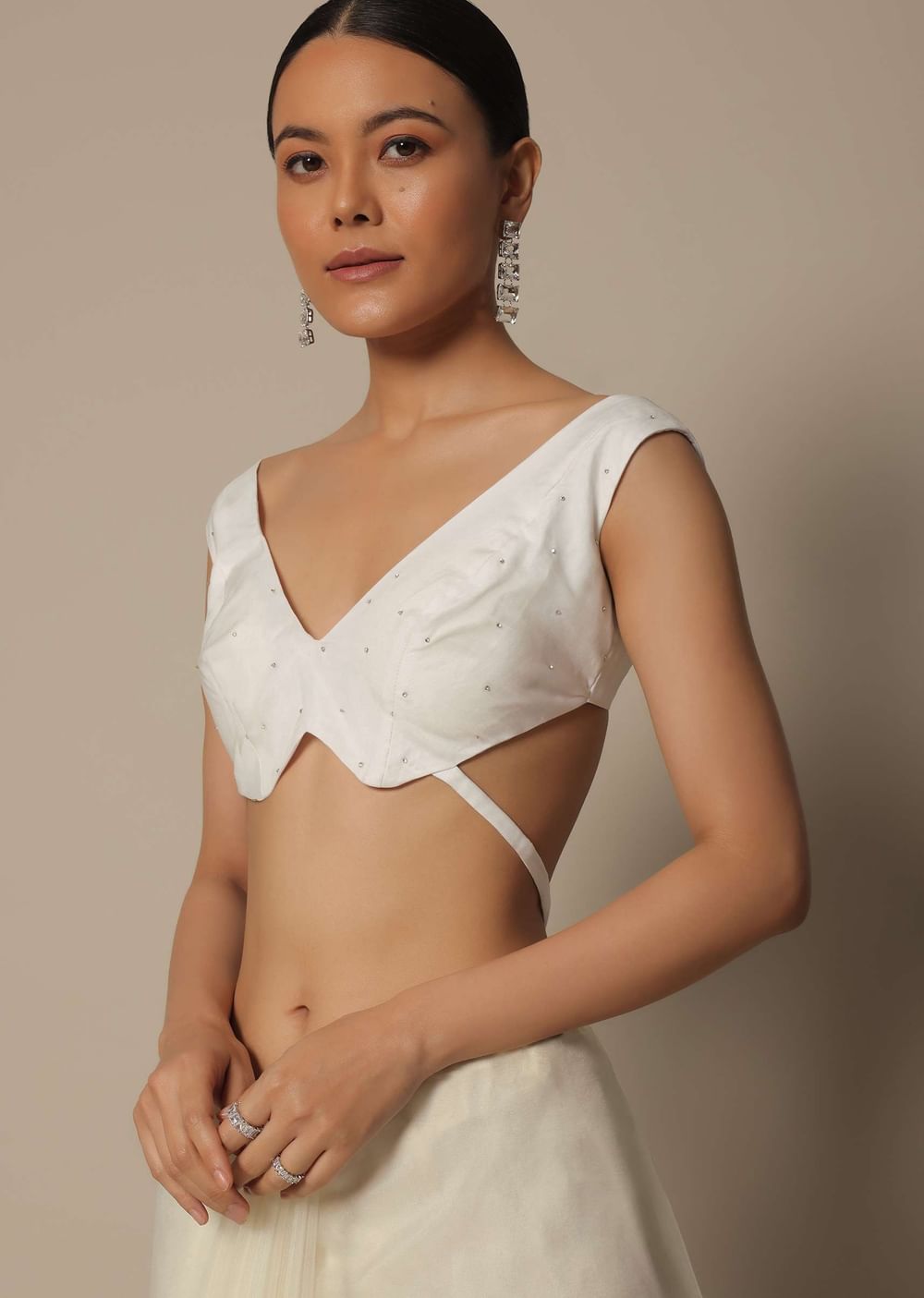 White Organza Saree With Scallop Cutdana Border And Unstitched Blouse Piece