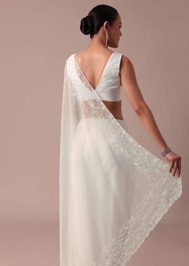 White Organza Saree With Unstitched Blouse