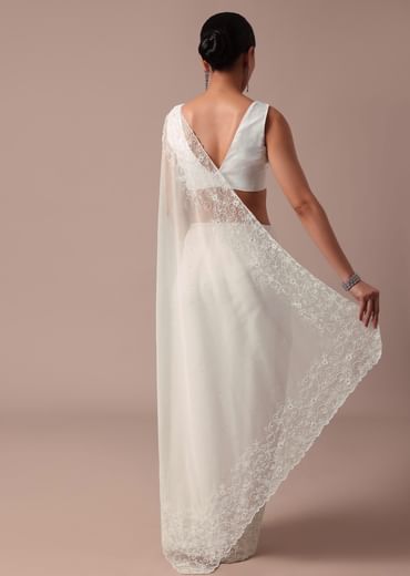 White Organza Saree With Unstitched Blouse