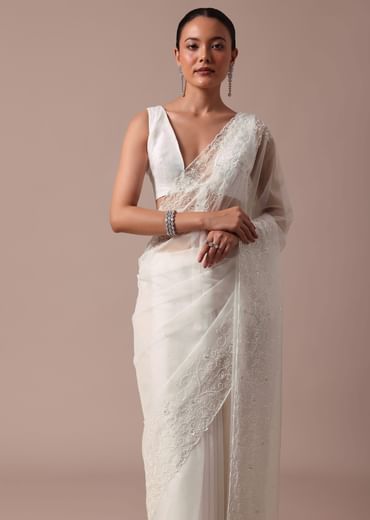 White Organza Saree With Unstitched Blouse
