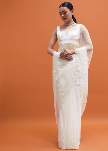 White Embroidered Organza Saree