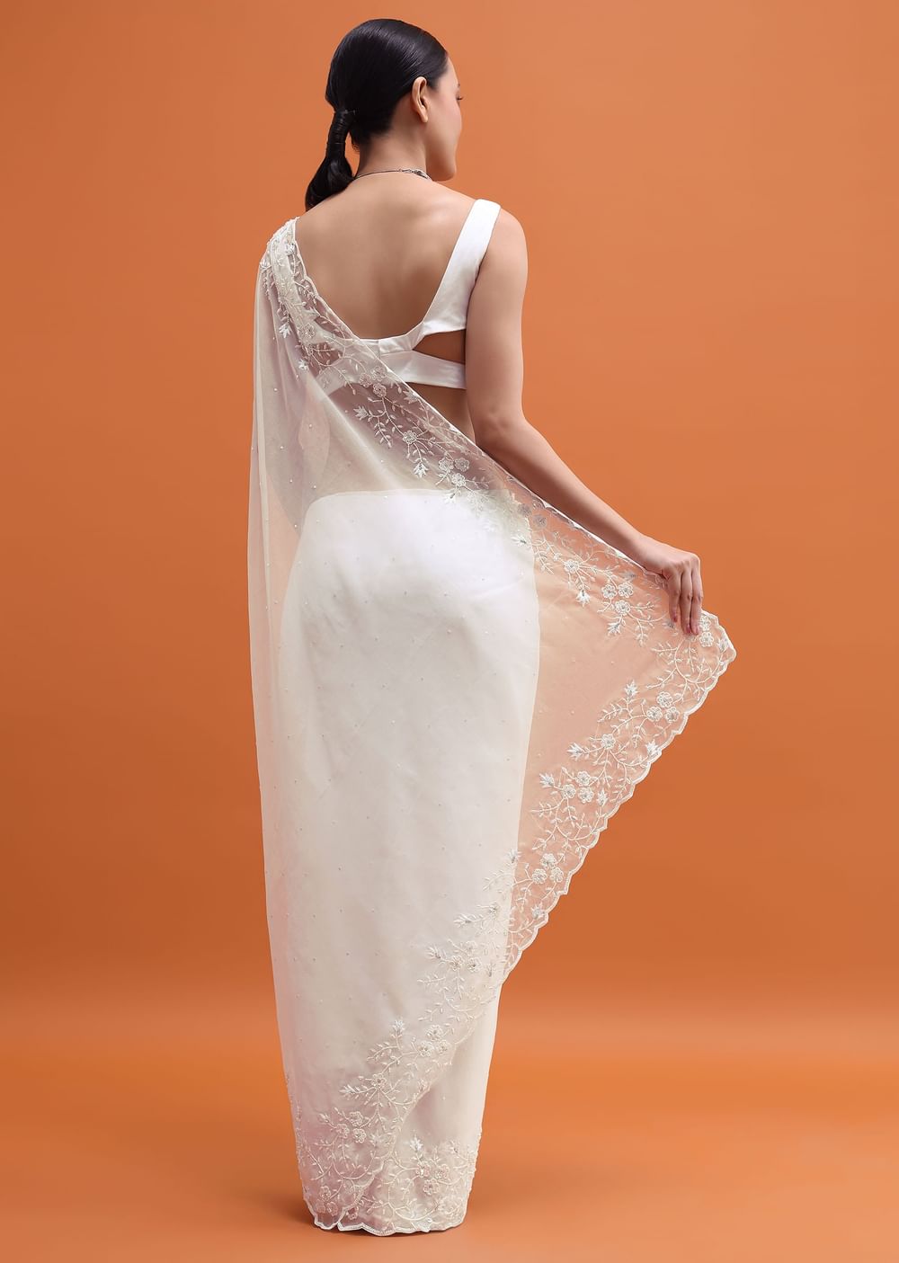 White Embroidered Organza Saree