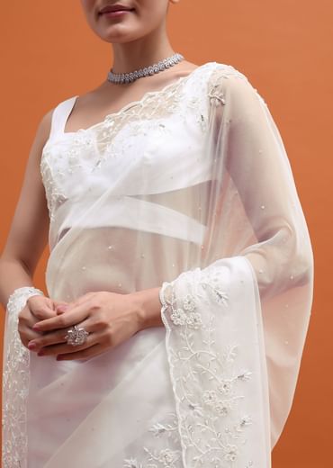 White Embroidered Organza Saree