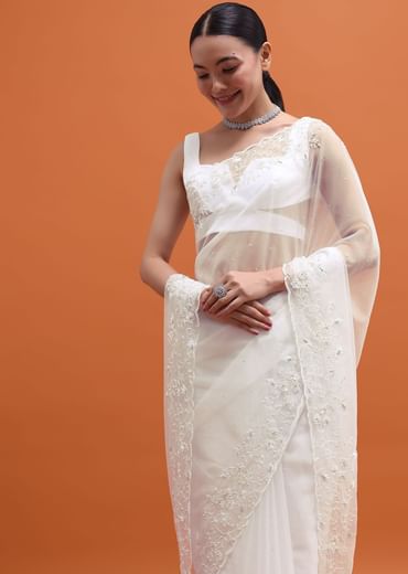White Embroidered Organza Saree
