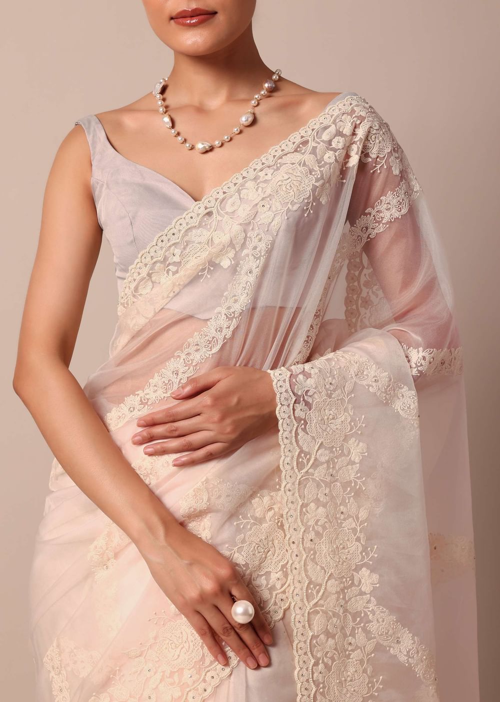White Organza Silk Chikankari Saree With Cutdana Bead Work And Unstitched Blouse Fabric