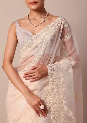 White Organza Silk Chikankari Saree With Cutdana Bead Work And Unstitched Blouse Fabric