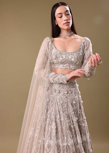 White Oyester Hand Embroidered Lehenga And Blouse Set