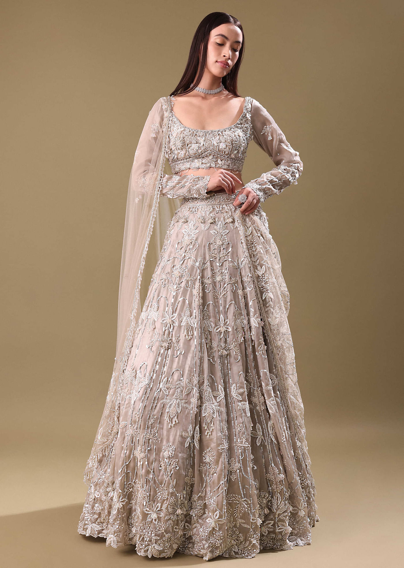 White Oyester Hand Embroidered Lehenga And Blouse Set