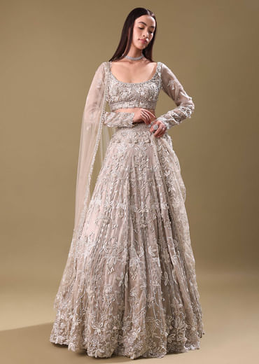 White Oyester Hand Embroidered Lehenga And Blouse Set