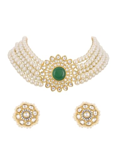 White Pearl Choker And Stud Set With Zircon Motif