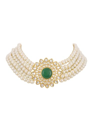 White Pearl Choker And Stud Set With Zircon Motif