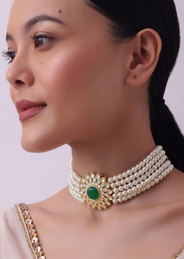 White Pearl Choker And Stud Set With Zircon Motif