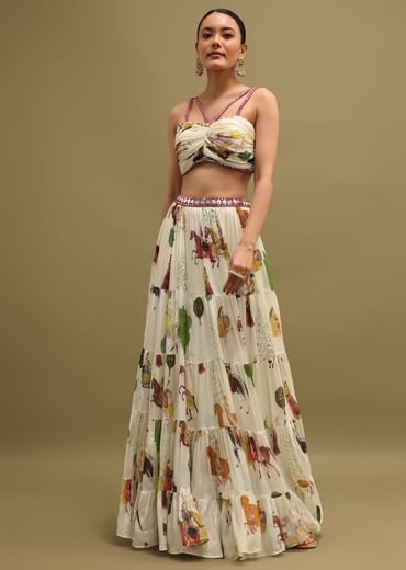 White Printed Chinon Crop Top And Skirt Set