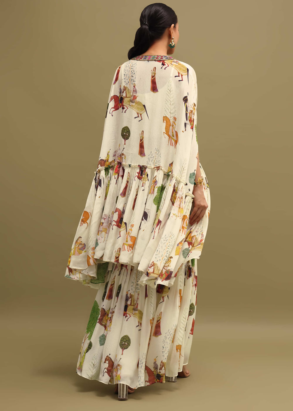 White Printed Georgette Crop Top And Sharara Set