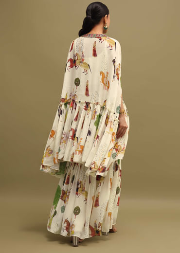 White Printed Georgette Crop Top And Sharara Set