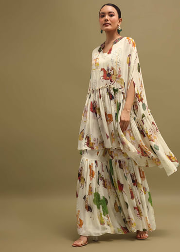 White Printed Georgette Crop Top And Sharara Set
