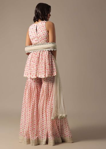 White Printed Sharara Set With Sequin Work