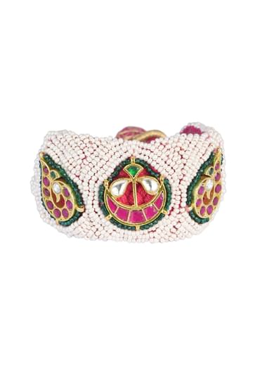 White Rajasthani Ponchi Bracelet With Kundan Work