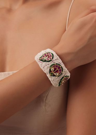 White Rajasthani Ponchi Bracelet With Kundan Work