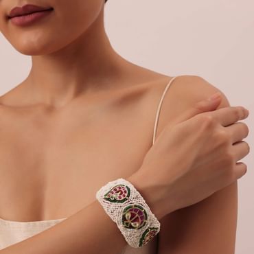White Rajasthani Ponchi Bracelet With Kundan Work