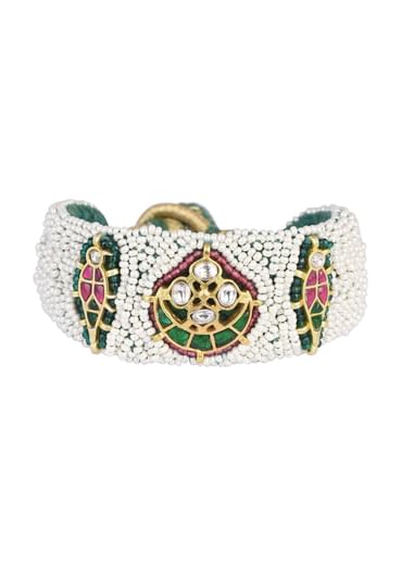 White Rajasthani Ponchi Bracelet With Studded Kundan And Enamel Work