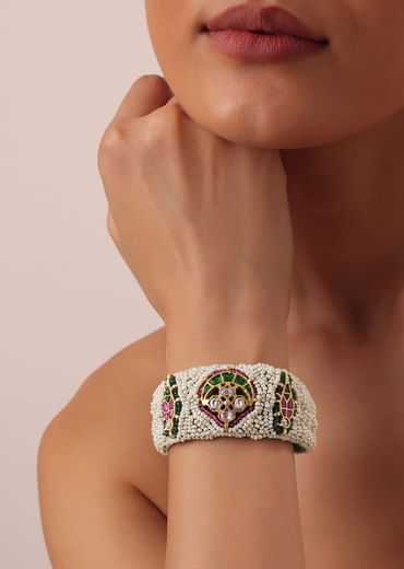 White Rajasthani Ponchi Bracelet With Studded Kundan And Enamel Work
