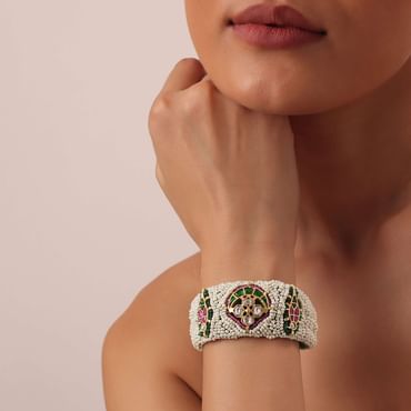 White Rajasthani Ponchi Bracelet With Studded Kundan And Enamel Work