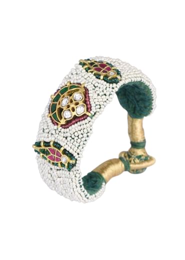 White Rajasthani Ponchi Bracelet With Studded Kundan And Enamel Work